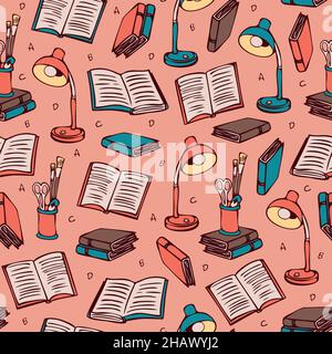Vector seamless pattern with books, lamps, letters and jars with scissors and brushes. Hand drawn design. Stock Vector