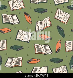 Vector seamless pattern with books and lettrs. Design in cartoon style. Stock Vector