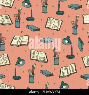 Vector seamless pattern with books, lamps, letters and jars with scissors and brushes. Design in cartoon style. Stock Vector