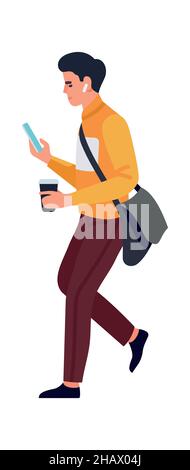 Walking man using smarthone. Guy talikng on phone Stock Vector
