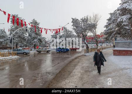 Traffic in the streets of Erzurum after snowfall. Eastern Anatolia, Turkey Stock Photo