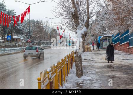 Traffic in the streets of Erzurum after snowfall. Eastern Anatolia, Turkey Stock Photo