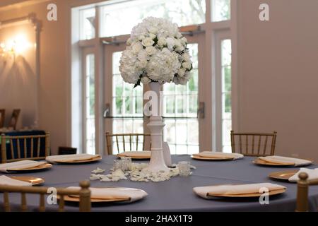 White Hydrangea Bouquet center piece at wedding reception Stock Photo
