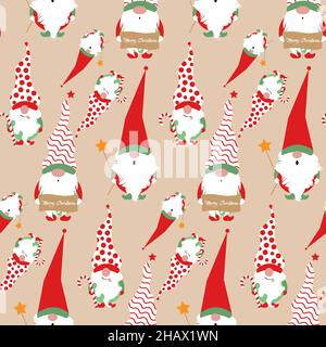 Seamless print set of Christmas Gnome, Scandinavian Nordic Gnome, Cute Christmas Santa Gnome Elf. Vector Illustration isolated on beige background Stock Vector