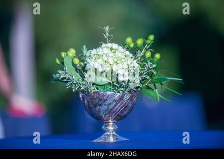 Hydrangea flowers center piece on blue table cloth Stock Photo
