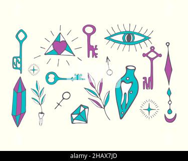 Set of hand drawn doodle Magic tarot. Vector illustration of magic, symbols of witchcraft. Elements of witchcraft concept potion crystal keys of mandrake. Vector illustration Stock Vector