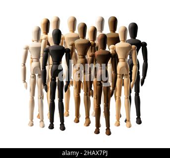 Abstract diverse society. Crowd of wood people of different color, race, ethnicity isolated on white background. Diversity and racial tolerance concept. Stock Photo