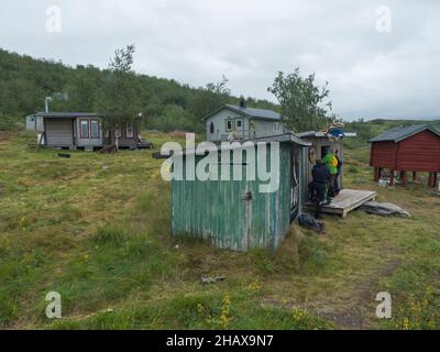 Staloluokta, Norrbotten, Sweden, Agust 11, 2021: Small shop, Parfas kiosk at sami village Staloluokta at Virihaure lake with houses and cottage Stock Photo