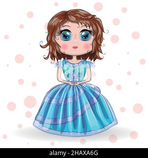 Beautiful girl standing in beautiful long blue dress. Cute Cartoon Little Princess in a blue dress Stock Vector