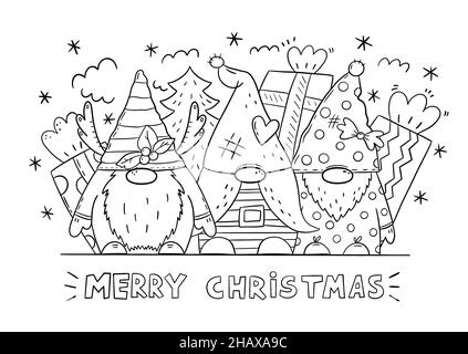 Christmas gnomes coloring book page. Merry Christmas coloring card for kids. Stock Photo