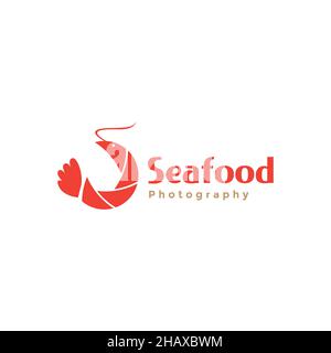 shrimp seafood with camera logo symbol icon vector graphic design illustration idea creative Stock Vector