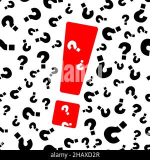 Design cover, layout or banner. Red Large exclamation mark on background of texture with black question marks.  Vector illustration. Stock Vector