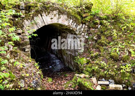 Family crypt, underground vault at the small church cemetery in Novgorod region, Russia Stock Photo