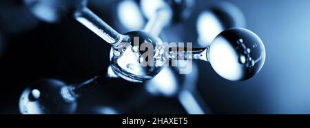 Macro view clear molecule connection structure with droplets in blue blurry panoramic background Stock Photo
