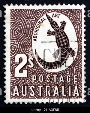 AUSTRALIA - CIRCA 1948: a stamp printed in the Australia shows Saltwater Crocodile, Crocodylus Porosus, reptile, circa 1948 Stock Photo