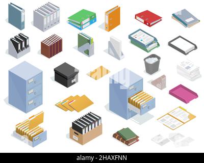 Isometric office equipment set for paperwork and archival data storage. Office stationery. Stock Vector