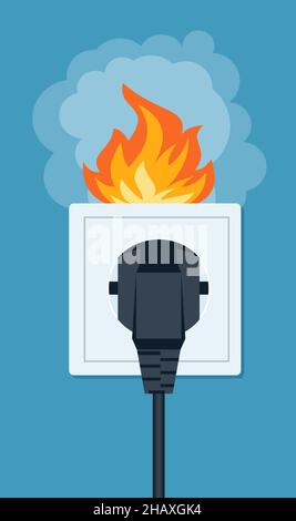 Socket and plug on fire from voltage overload. Vector flat illustration. eps 10 Stock Vector