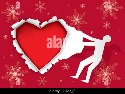 Christmas greeting card,heart shape. Illustration of male silhouette tearing red paper with snowflakes and red heart. Vector available. Stock Vector