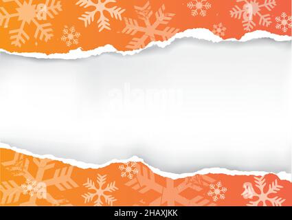 Christmas ripped paper, orange background.  Illustration of orange torn paper background with snowflakes and place for your text or image. Stock Vector