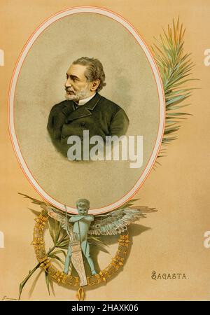 Práxedes Mateo Sagasta (1825-1903). Leader of the Liberal-Progressive Party. President of the Spanish Council of Ministers on several occasions between 1870 and 1902. Chromolithography. 'Historia General de España' (General History of Spain), by Miguel Morayta. Volume VIII. Madrid, 1894. Stock Photo