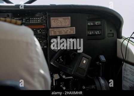 NAZCA, PERU - Spetember 26: Interior of small passenger plane with pilot that takes tourists on flight over nasca lines in peru. Stock Photo