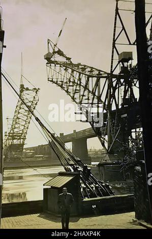 The Silver Jubilee Bridge under construction in the late 1950s in Runcorn, Cheshire, UK