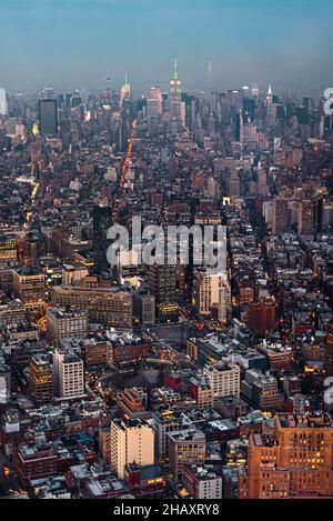 View at dusk of Manhattan and Brooklyn from the observatory deck of One World Trade, Freedom Tower. New York, New York. Stock Photo