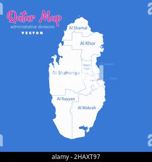 Qatar map, administrative divisions whit names regions, blue background vector Stock Vector