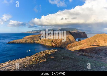 Morning on Sao Laurenco peninsula, Madeira, sunshine and storm clouds Stock Photo