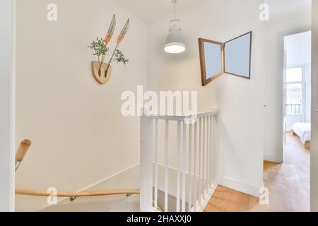 Interior of light passage with white walls and parquet floor in modern house leading to stairway and doors and decorated with potted plant Stock Photo