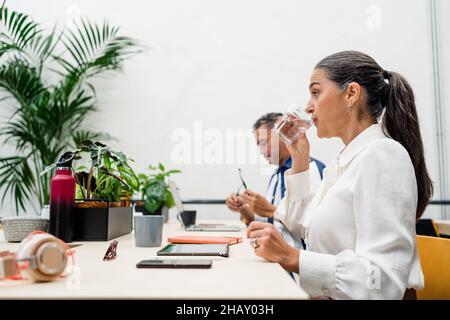 Side view of coworkers sitting at table with modern tablets and green potted plants while working together in light office Stock Photo