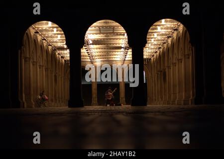 NEW YORK CITY, UNITED STATES - Nov 18, 2020: A lonely performer at Bethesda Terrace on a cold night, New York City, USA Stock Photo