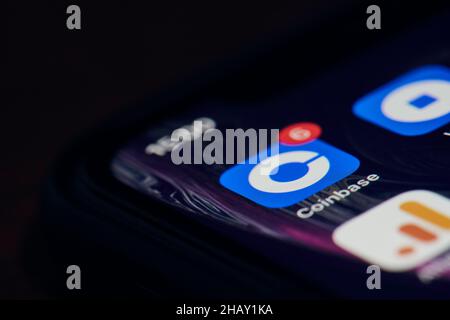 California, United States - 25 November 2021: Coinbase mobile application on smartphone screen desktop. Popular cryptocurrency exchange platform Stock Photo