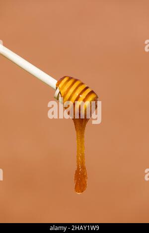 Sweet viscous honey made by bees dripping from wooden dipper with spaced grooves on brown background in light studio Stock Photo