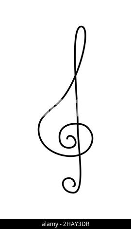 Monochrome Minimalist outline of a treble clef Hand-drawn in solid line in black and white. Vector illustration is suitable for design on fabric and napkin or notepad, music book, menu, cafe and restaurant banner, business card and greeting card. Vector illustration. Stock Vector