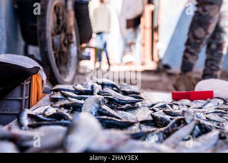 Closeup of fresh raw fish displayed on table for sale at market Stock Photo