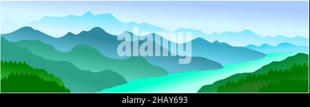 panorama  vector illustration of mountain ridges and river Stock Vector