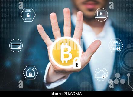 Bitcoin and cryptocurrency security and data protection. Blockchain and cybersecurity concept Stock Photo