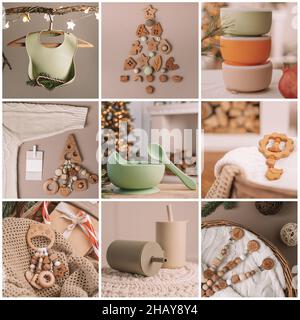 Collage of nine New Year photos in beige colors with eco friendly baby accessories. Silicone crockery, wooden teethers and pacifier holders with Chris Stock Photo