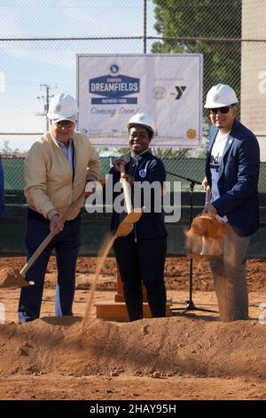 Maywood, United States. 15th Dec, 2021. Jorge Jarrin, the son of Los  Angeles Dodgers Spanish language broadcaster Jaime Jarrin, speaks during a  Dodgers Dreamfield groundbreaking ceremony at Maywood Park. The project in