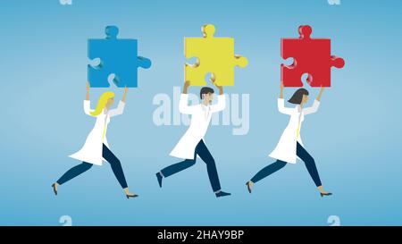 Scientists or helth care people running with puzzle pieces. Vector illustration. Dimension 16:9. Stock Vector