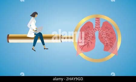 Focus on lungs. Woman sitting on golden magnifying glass. Dimension 16:9. Vector illustration. EPS10. Stock Vector