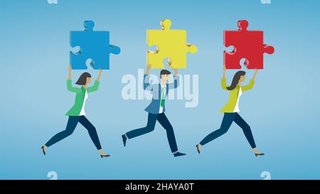 Businesspeople running with the solution. Vector illustration. Dimension 16:9 or use it as a collection. EPS10. Stock Vector