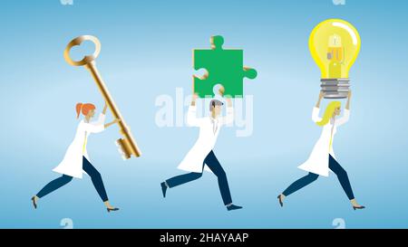 Scientists or health care people running with solution objects. Vector illustration. EPS10. Dimension 16:9. Stock Vector