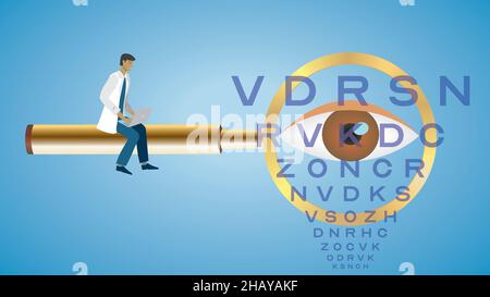 Focus on eyesight. Man with laptop sitting on golden magnifying glass. Eye in lens. Vector illustration. EPS10. Stock Vector