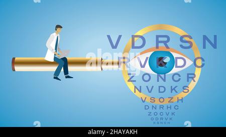 Focus on eyesight. Man sitting with laptop on golden magnifying glass. Eye in lens. Vector illustration. EPS10. Stock Vector