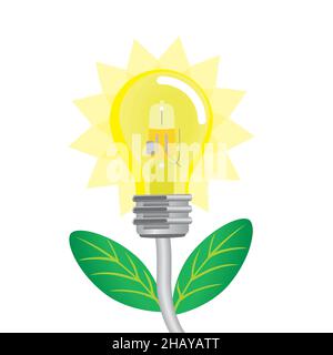 Green energy. Shiny lightbulb with leafs. Vector illustration. EPS10. Isolated on white background. Stock Vector