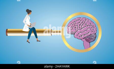 Focus on brain. Woman, scientist, student, researcher sitting on golden magnifying glass. Brain in lens. Vector illustration. EPS10. Dimension 16:9. Stock Vector