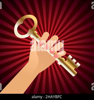 Hand with the golden key. Red sunbeam in background. Vector illustration. EPS10. Stock Vector