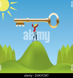 Woman with golden key on top of green hill. Vector illustration. EPS10. Stock Vector